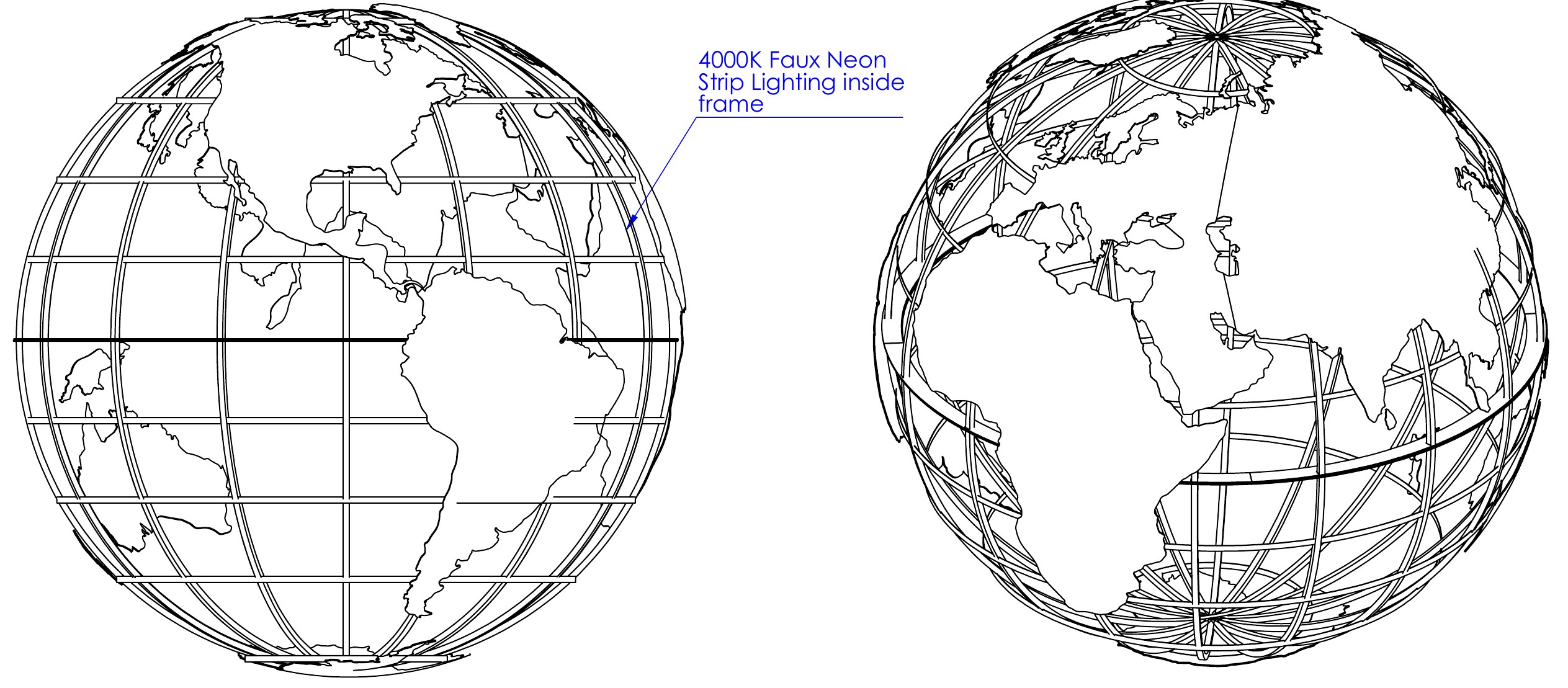 Line drawings of the finished globe with continents and internal lighting