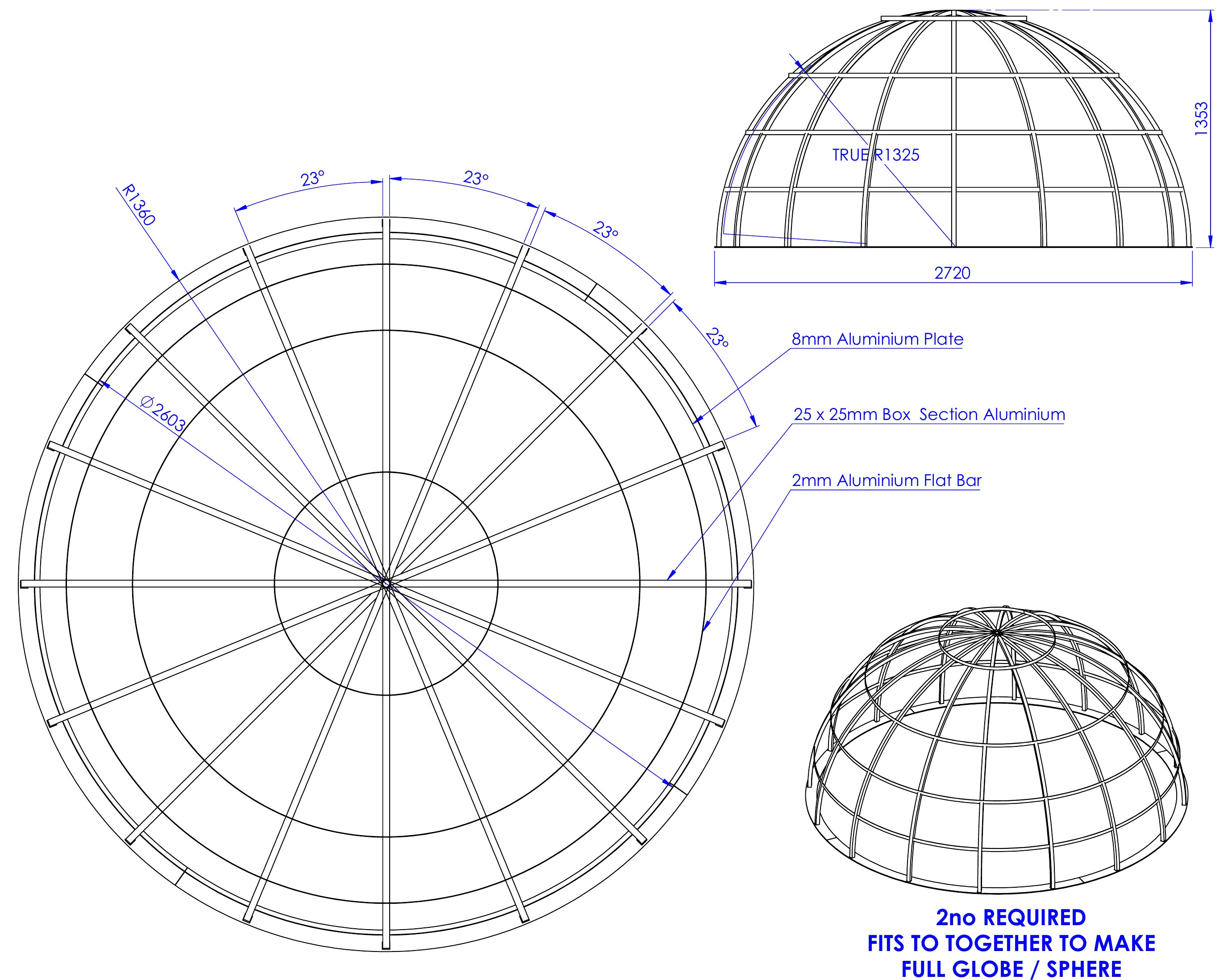 Plan and section drawings of a globe hemisphere