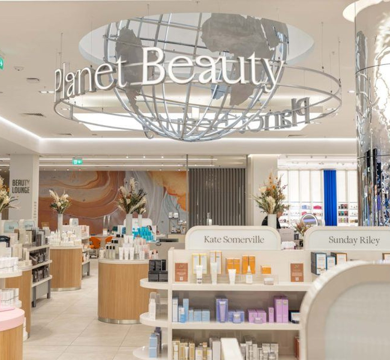 Planet Beauty globe and illuminated lettering at Brown Thomas Dundrum