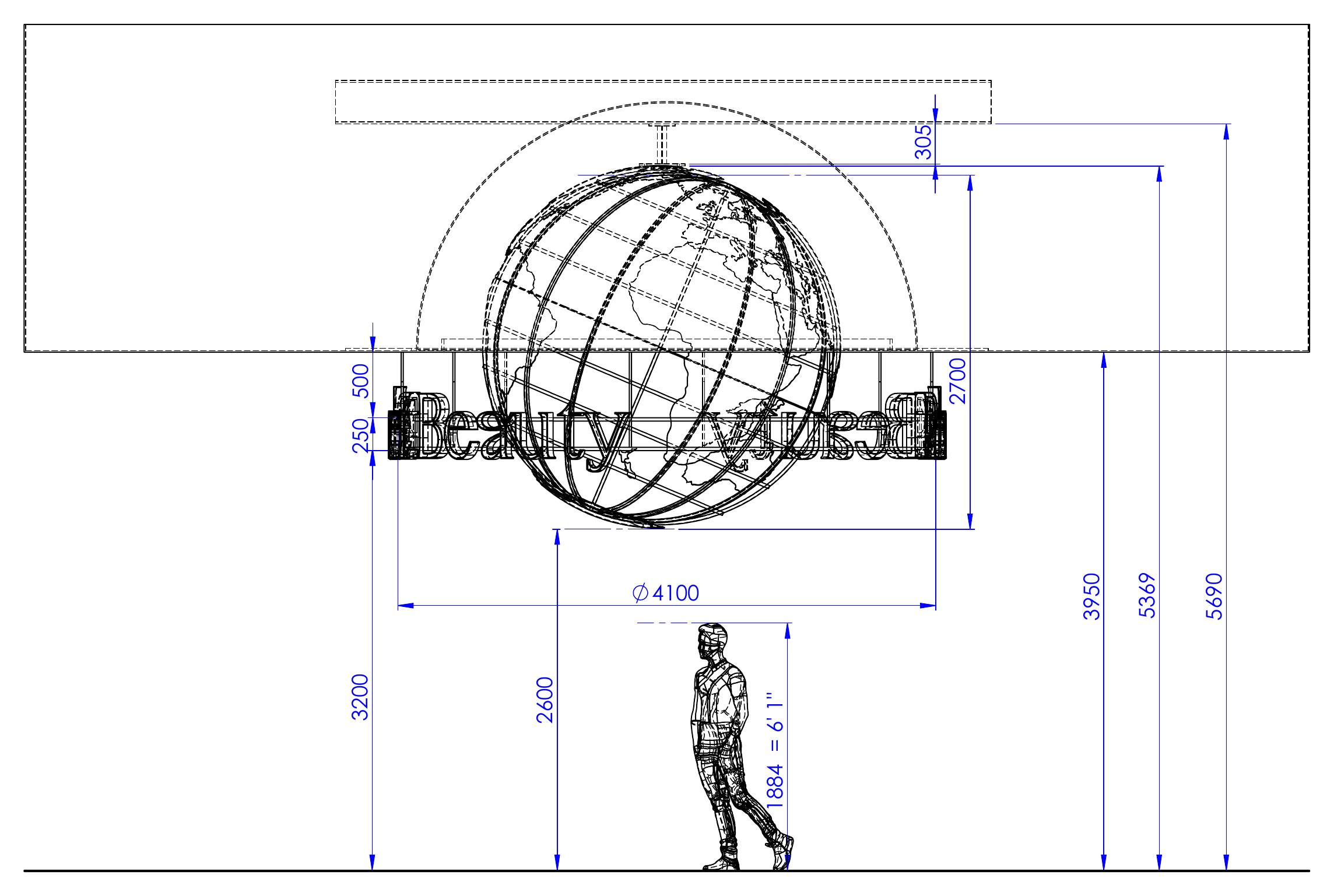 3:rock elevation drawing of the Planet Beauty globe and sign ring with dimensions