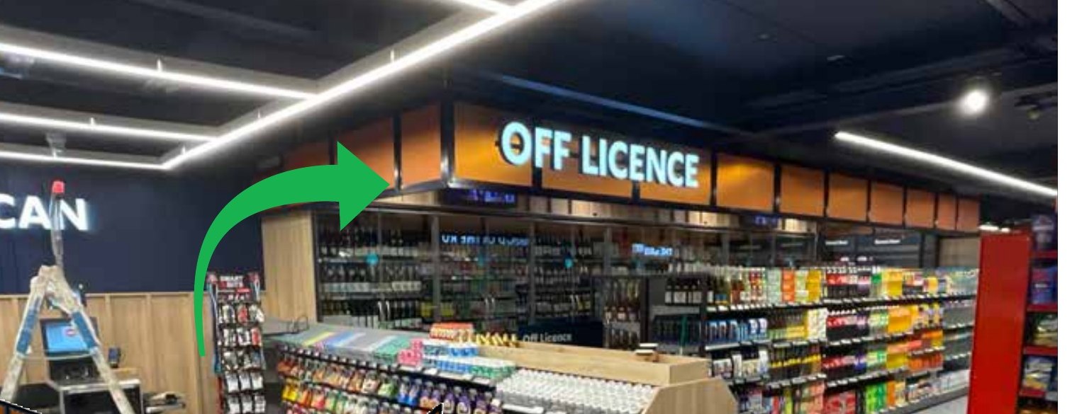 Completed illuminated off-licence framework at Pat’s Centra Bettystown