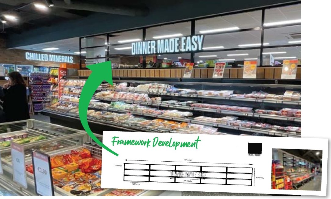 Dinner Made Easy illuminated lettering and technical framework development at Lynch’s Centra Ennis