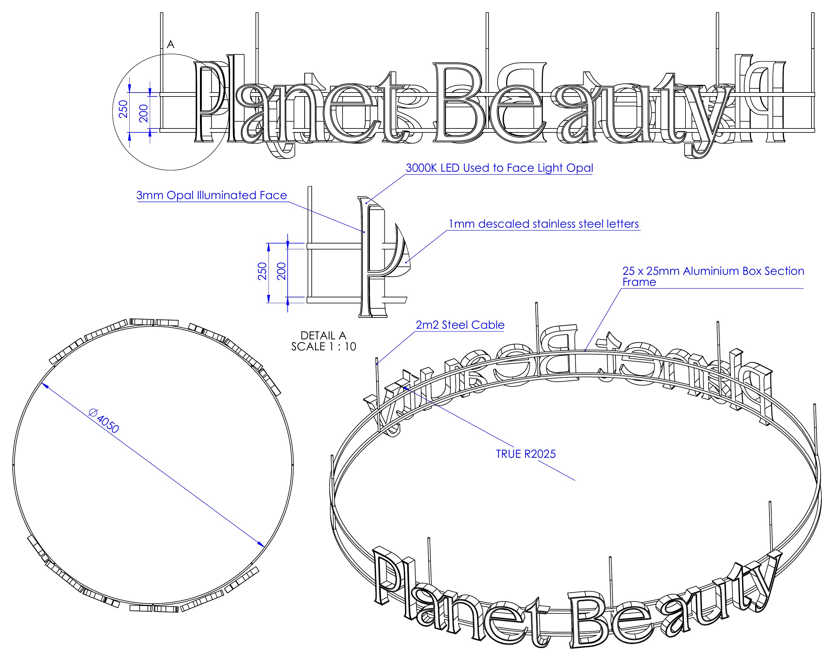 Technical drawing of the Planet Beauty illuminated letter ring with letter detail